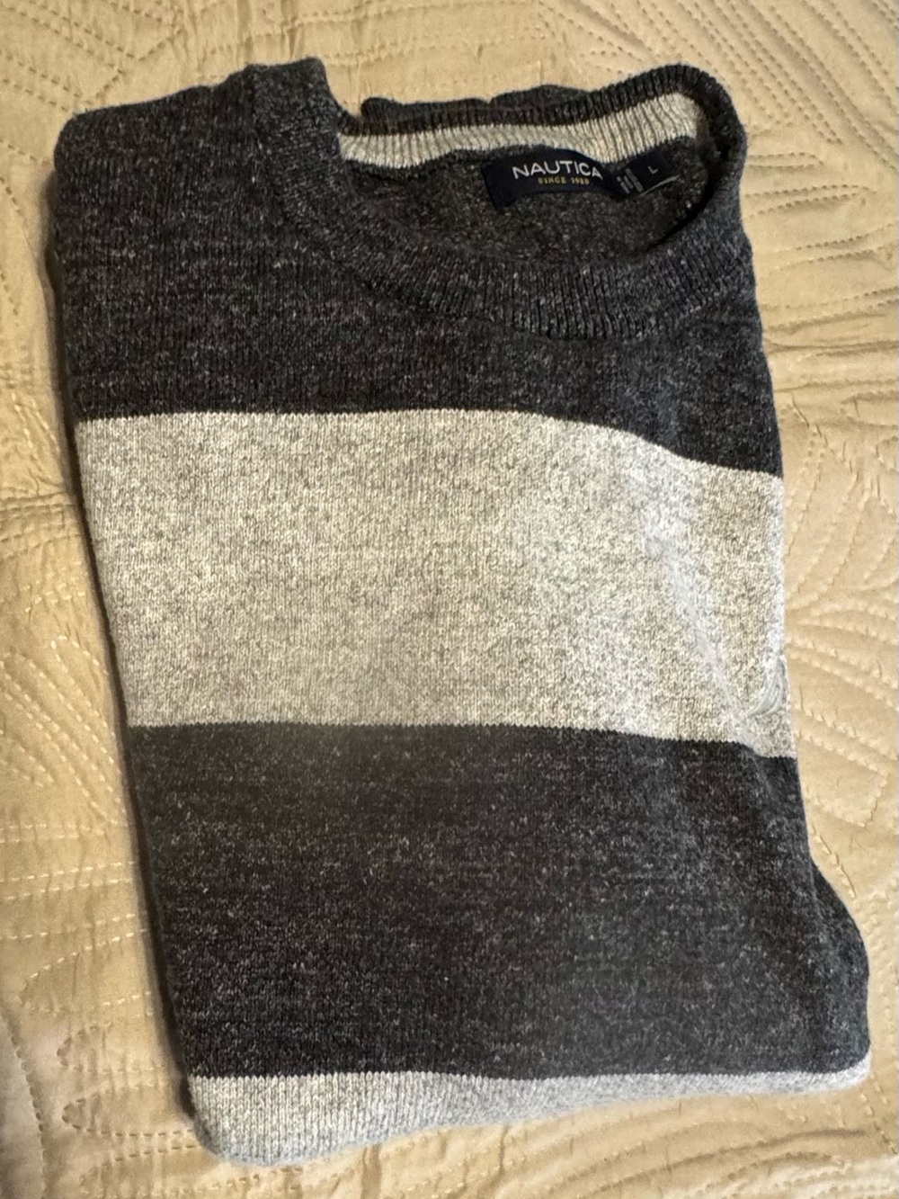 Nautica Men's Dark Gray and Light Gray Striped Crewneck Sweater Sz Large